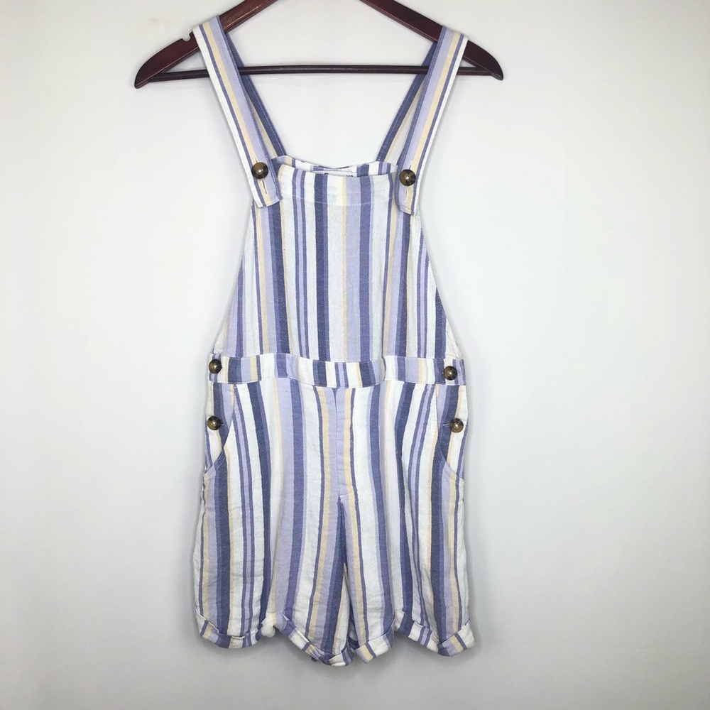 Hollister Vertical Stripe Short Overalls in Blue, White, and Yellow